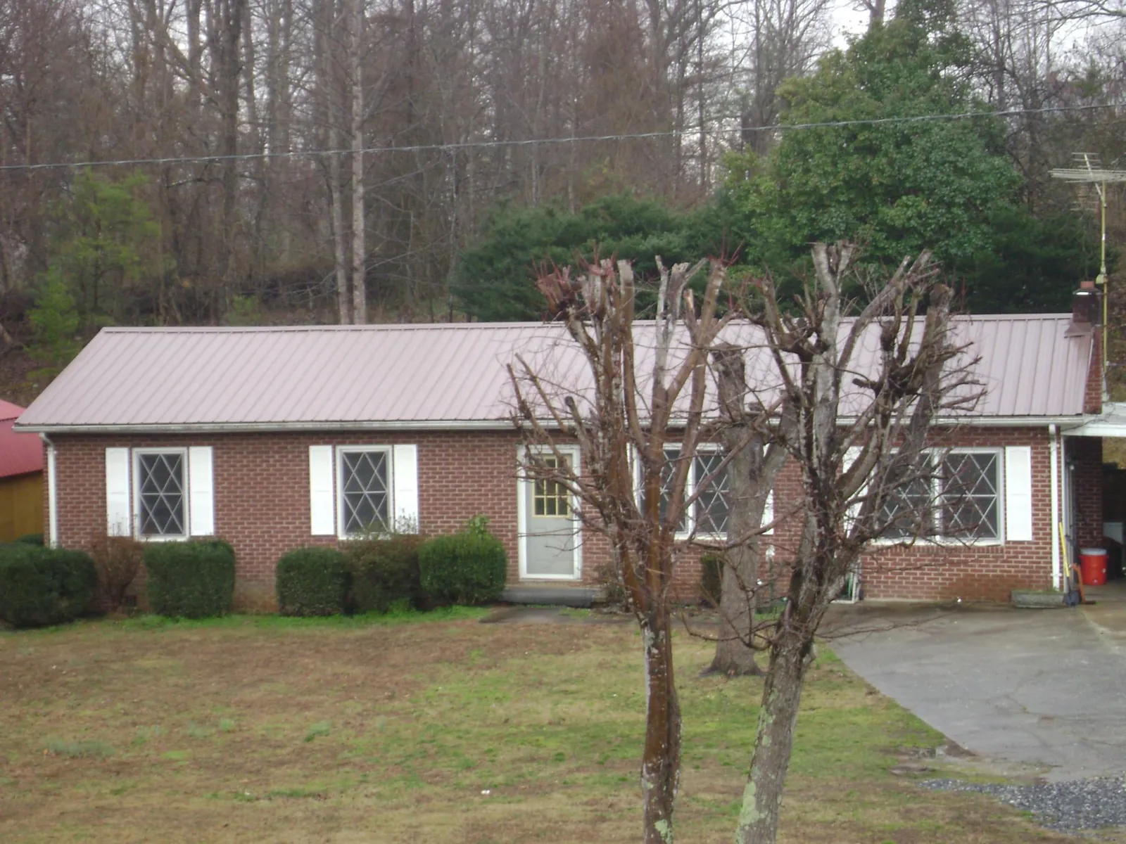Mauve metal roof on a brick ranch home behind bare trees in Finleyville